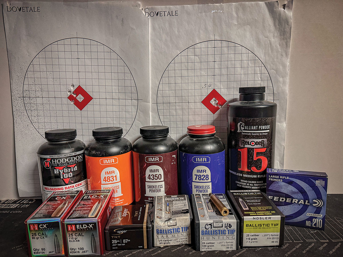 Components for all the handloading testing, along with the target, with a few of the best groups from testing.